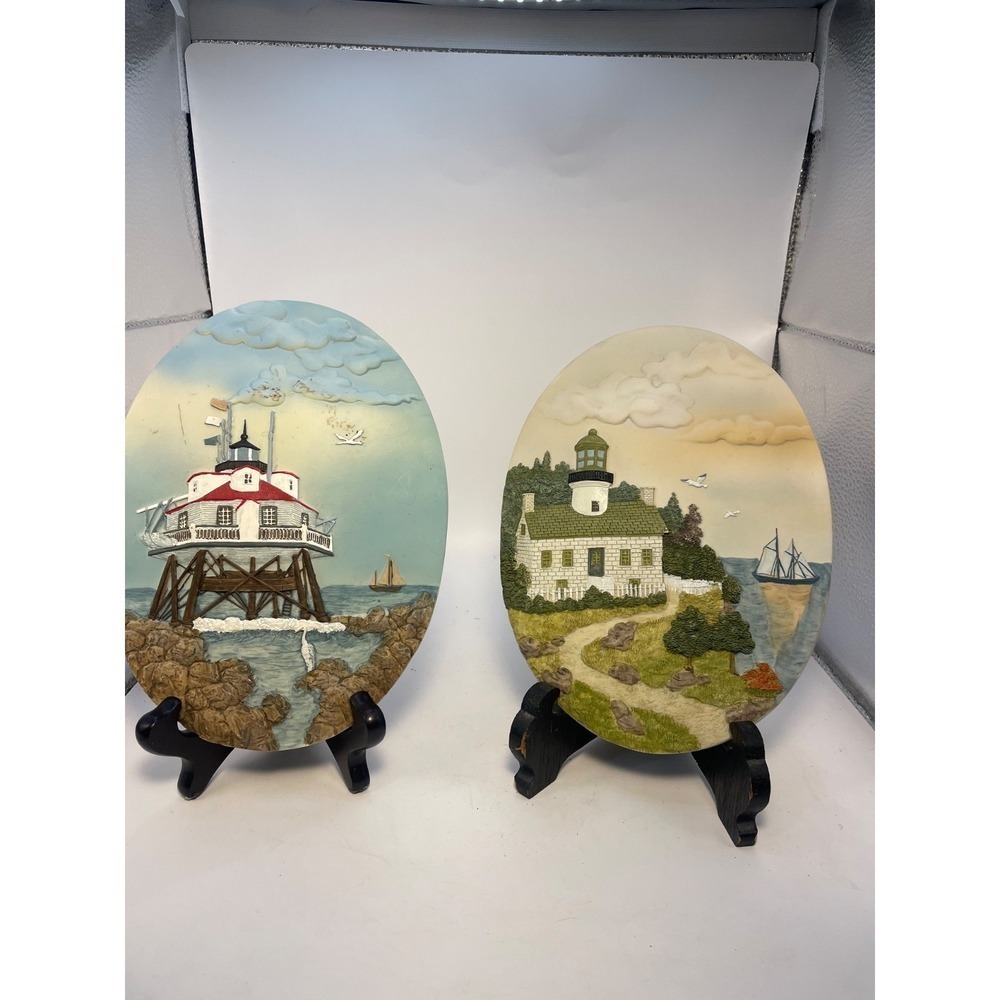 Pair of Vintage‎ Resin Home Oval lighthouse Wall Plaques
